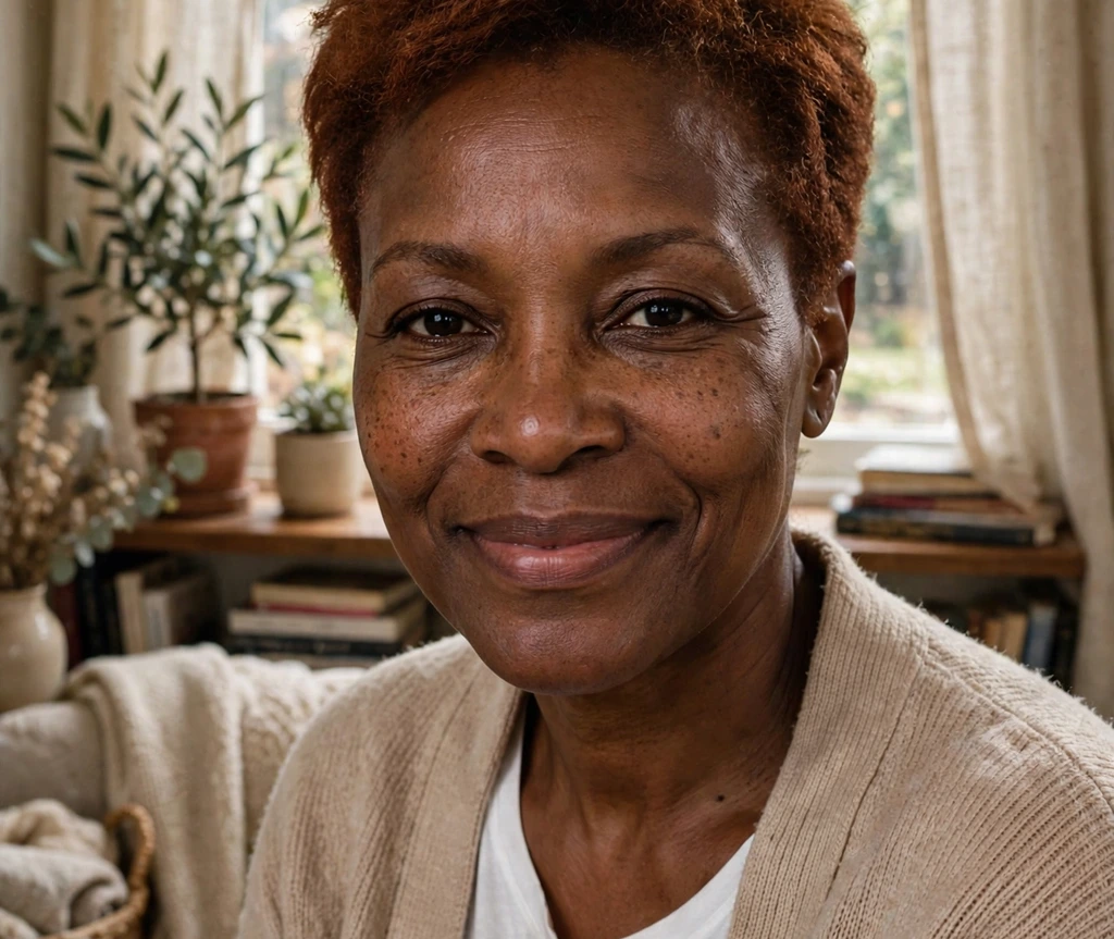 Black woman with a short tapered cut in auburn with softly tapered sides