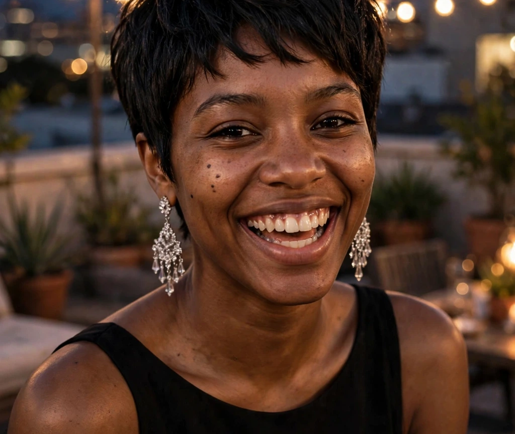 Black woman with a choppy textured tapered pixie in jet black with razored texture