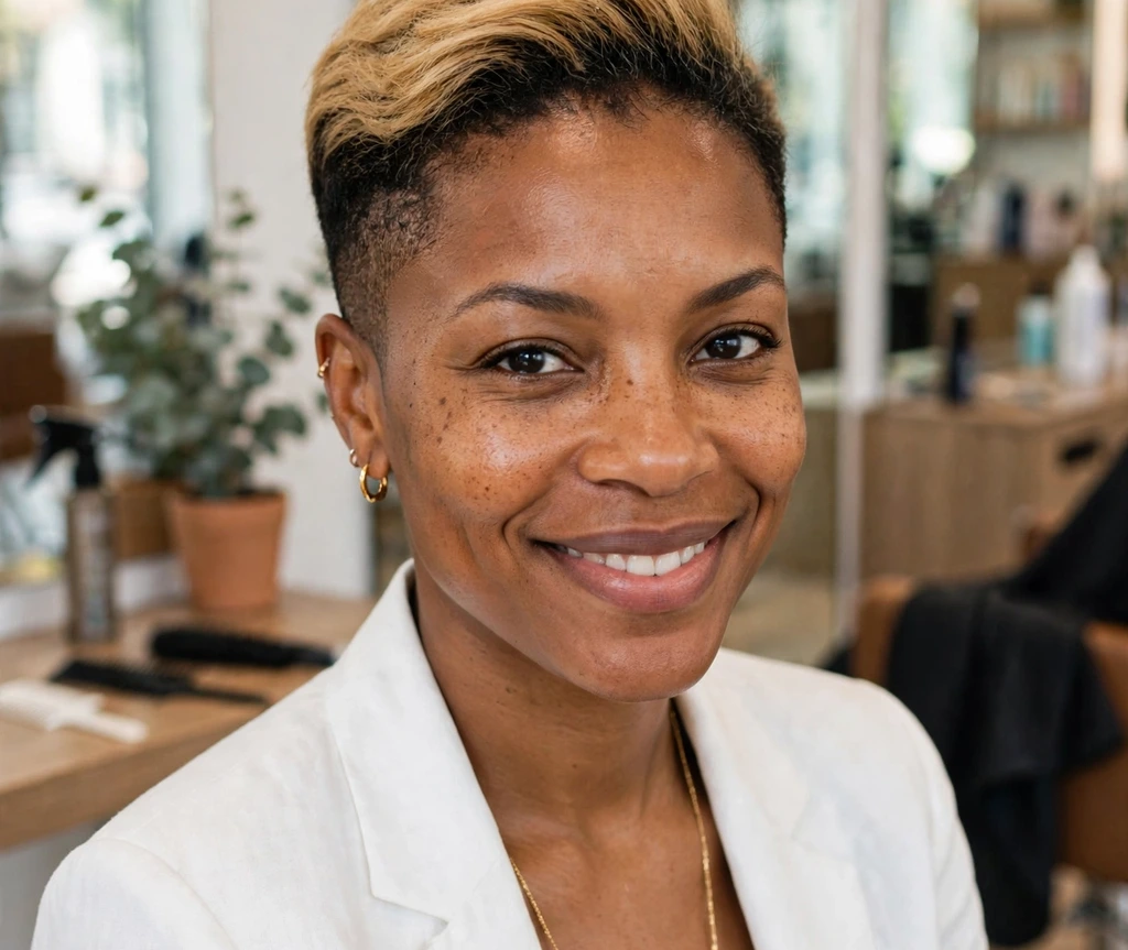 Black woman with a tapered haircut in honey blonde with dark roots and clean tapered sides