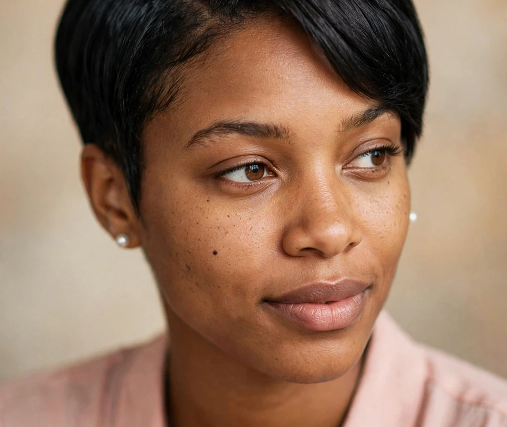 Black woman with a glossy tapered pixie with a deep side part and clean tapered sides