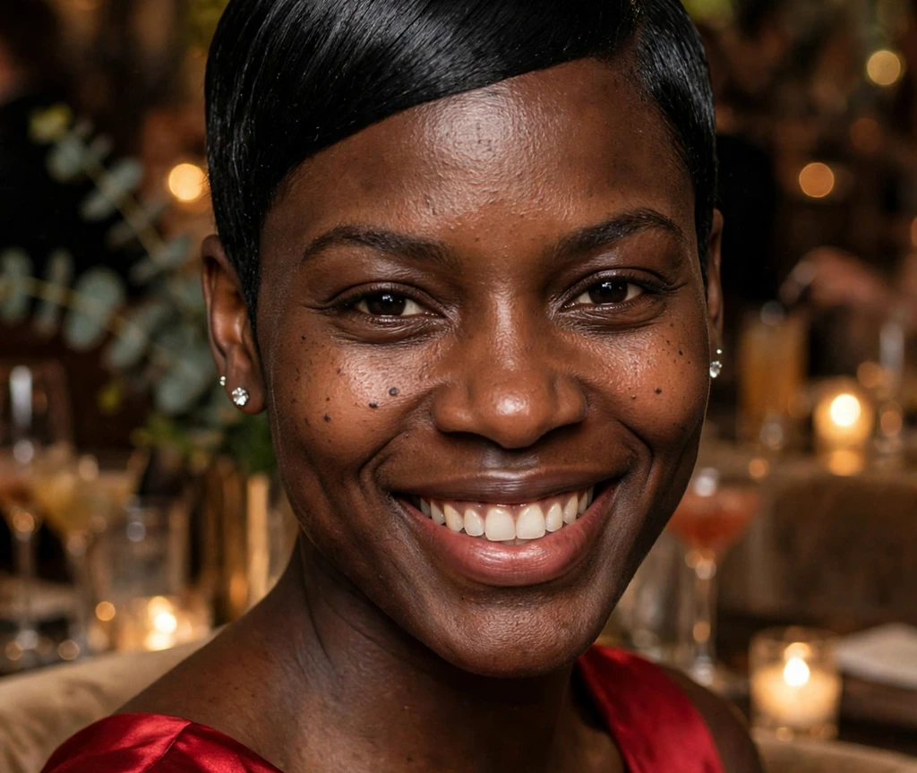Black woman with a glossy jet black tapered haircut with a polished crown and crisp tapered sides