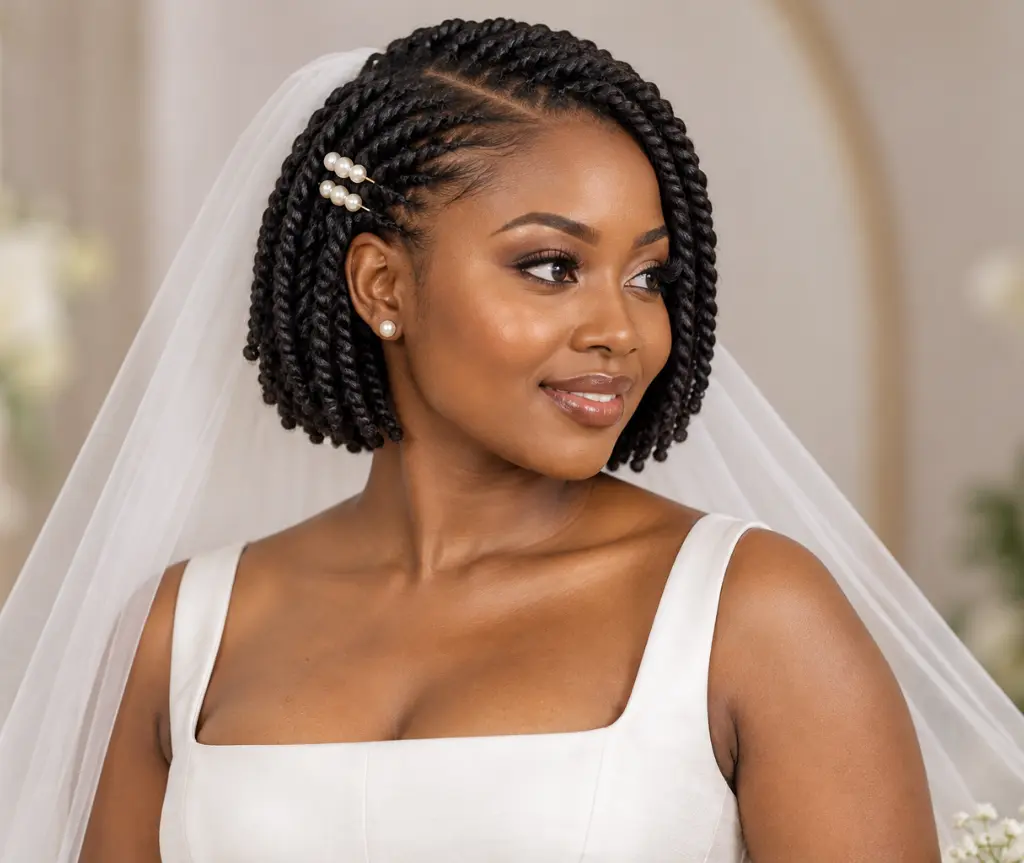 Short Twist Bob with Pearl Clips and a Tulle Veil