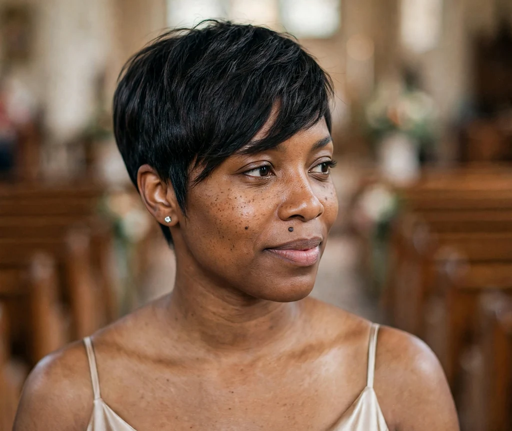Black bride with classic tapered pixie and long side-swept fringe in champagne satin dress at church ceremony