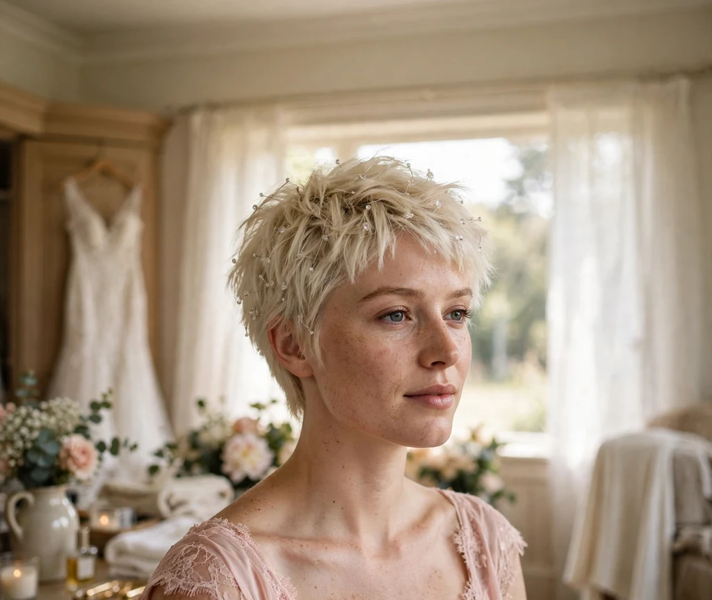 Bride with platinum blonde textured pixie and tiny crystal hair jewels in blush pink dress in bridal suite