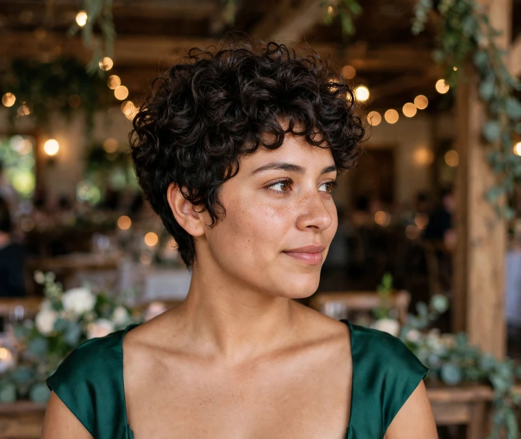 Bride with voluminous dark brown curly pixie in emerald green gown at reception hall