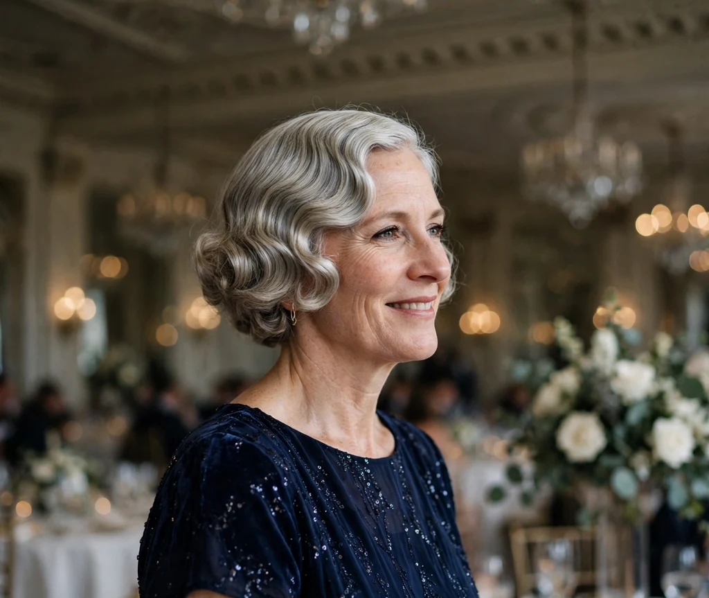Mature bride with vintage finger-wave silver blonde bob in navy dress at elegant ballroom wedding