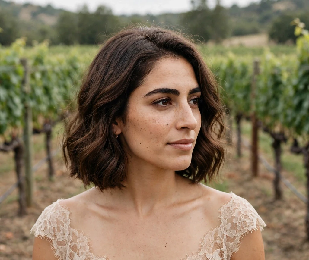 Bride with soft romantic chocolate brown bob with loose waves in champagne lace gown at vineyard wedding