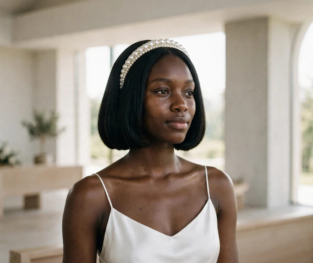 Bride with blunt bob and wide pearl headband in white silk slip dress at minimalist chapel wedding