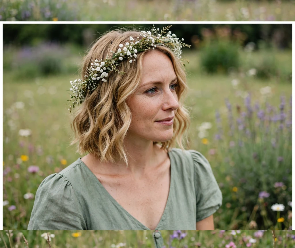 Bride with honey blonde wavy lob and baby's breath flower crown in sage green dress at meadow wedding