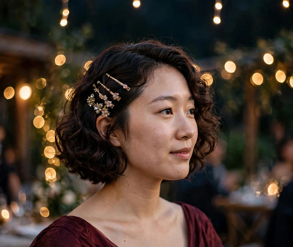 Bride with curled dark brown lob and gold jeweled clips in burgundy gown at evening reception