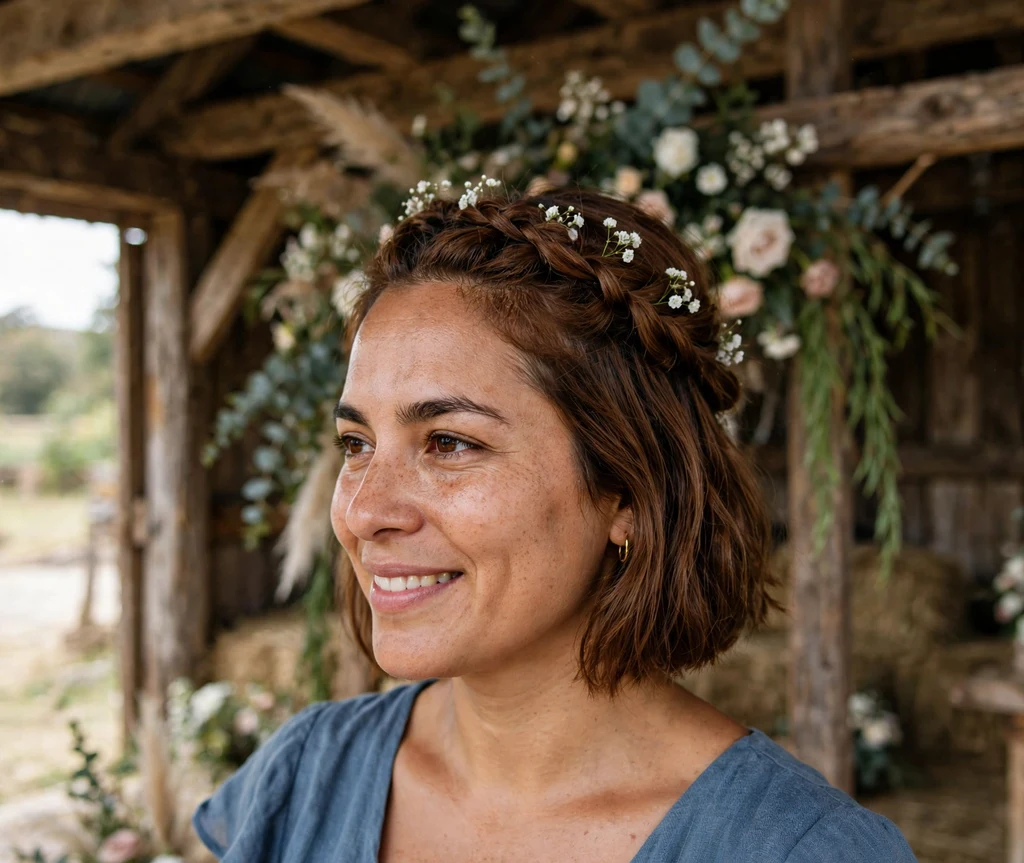 Bride with half-up twisted crown on chestnut bob with tiny white flowers in dusty blue dress at rustic barn wedding