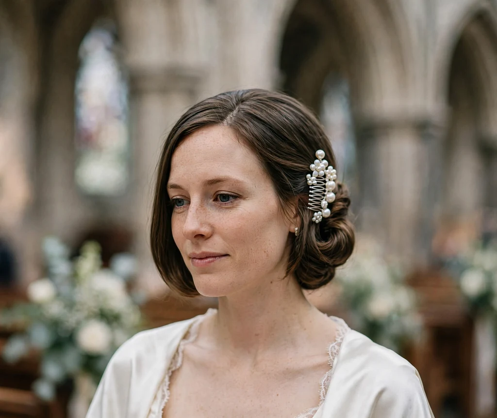 Bride with tucked-under low chignon illusion and pearl comb in ivory satin gown at cathedral wedding