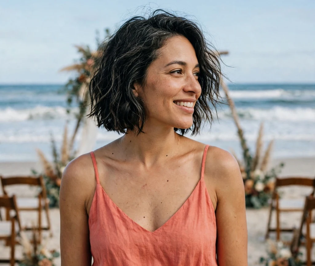 Bride with tousled beach-wave dark bob in coral sundress at beach wedding with ocean behind