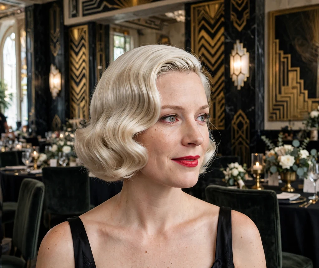 Bride with Hollywood glam waves on platinum blonde bob and red lipstick in black evening gown at art-deco reception