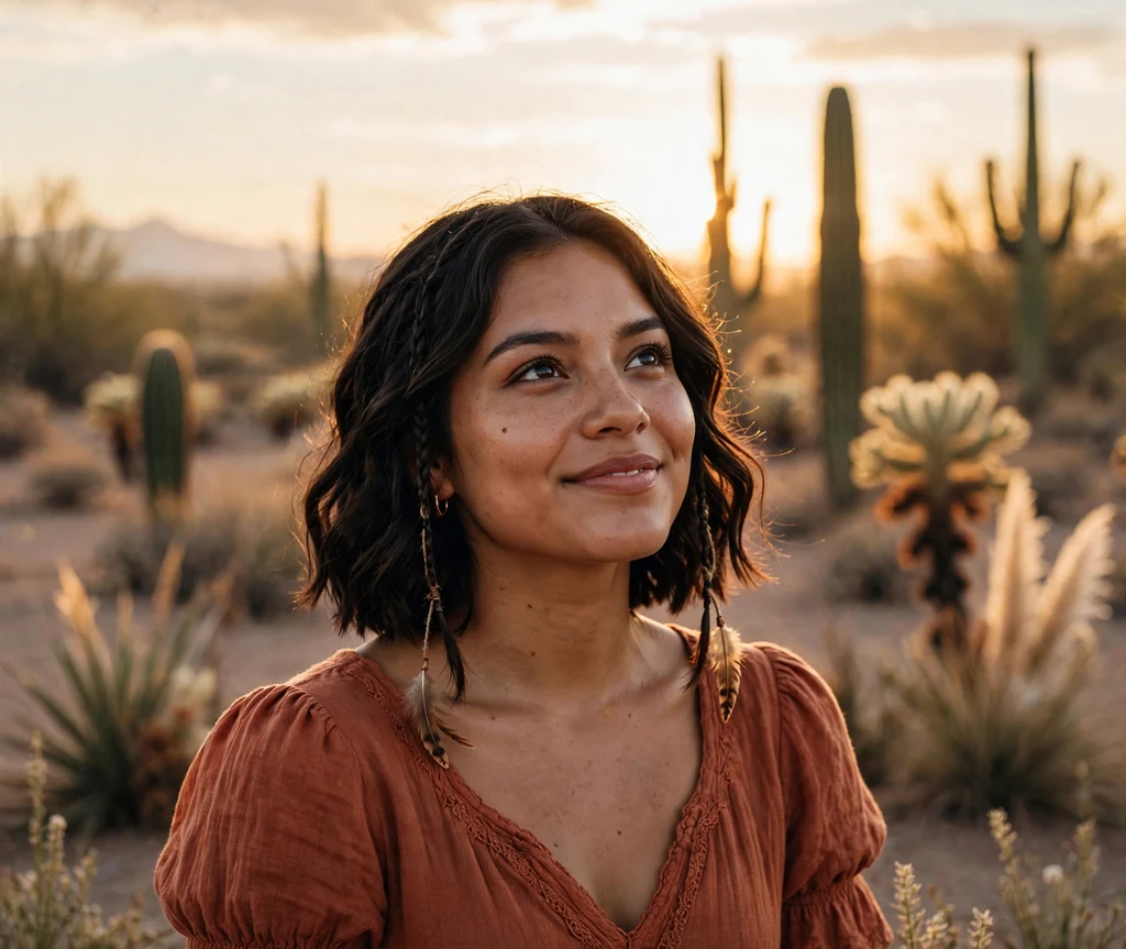 Bride with two small boho braids framing wavy dark lob in terracotta dress at desert golden hour wedding