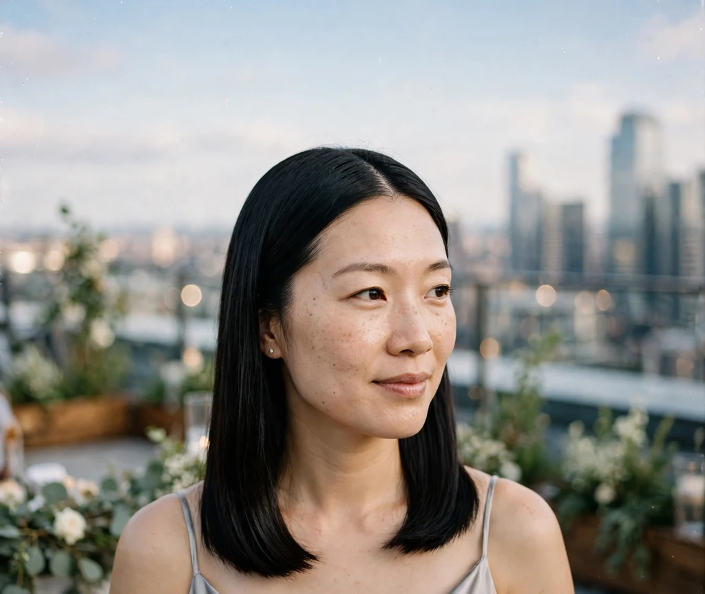 Bride with sleek center-parted straight jet-black lob in silver gray dress at modern rooftop wedding
