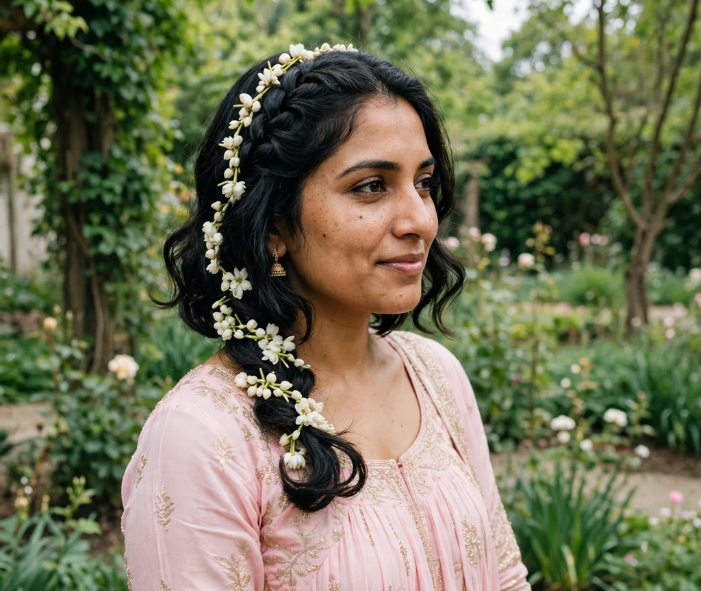 Bride with romantic side braid woven into loose-curled black bob with jasmine flowers in pastel pink dress at garden wedding
