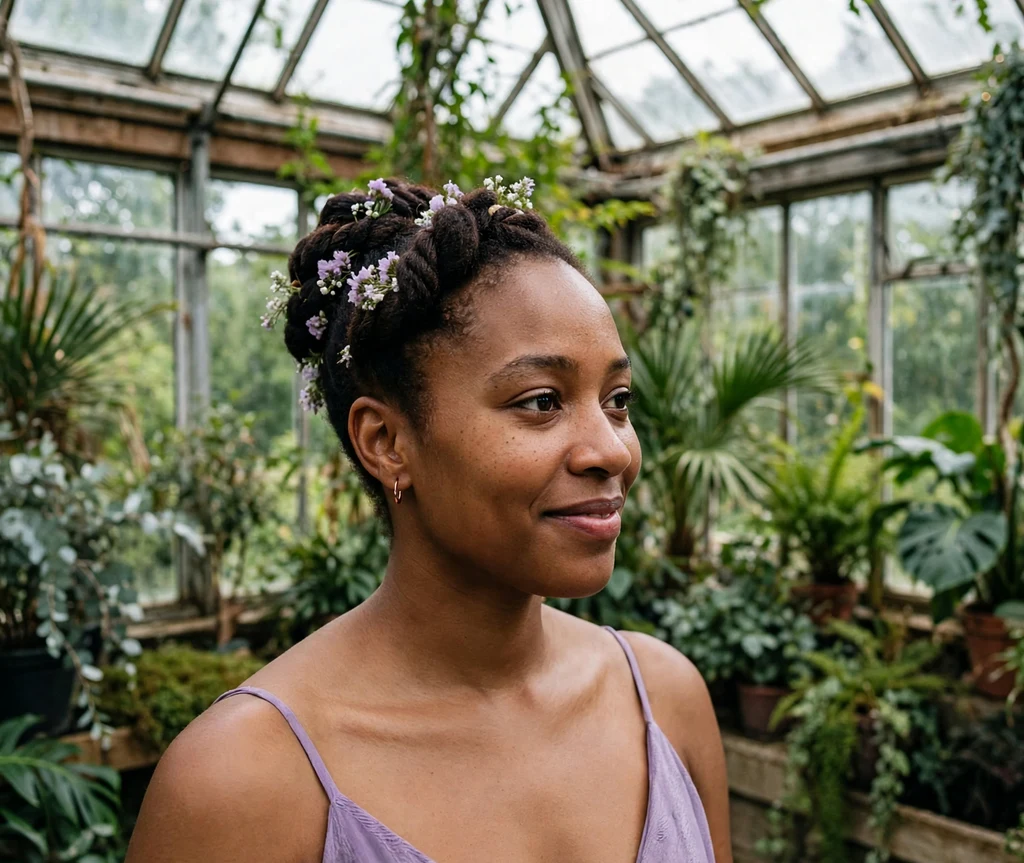 Bride with twisted updo and fresh floral pins on short natural hair in lavender dress at greenhouse wedding