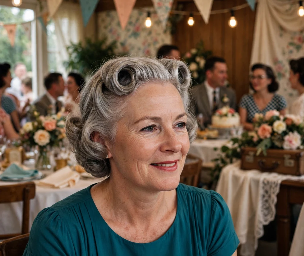 Mature bride with vintage victory rolls on silver gray short hair in teal dress at retro themed wedding