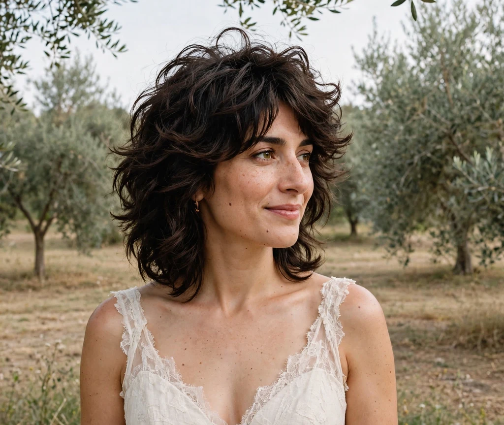 Bride with feathered dark brown shag with bouncy bridal volume in cream dress at olive grove wedding