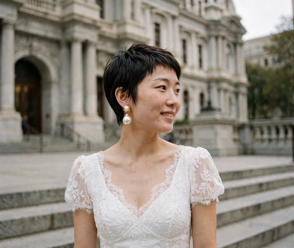 Bride with pixie tucked behind ears and oversized pearl drop earrings in white mini bridal dress at city hall wedding