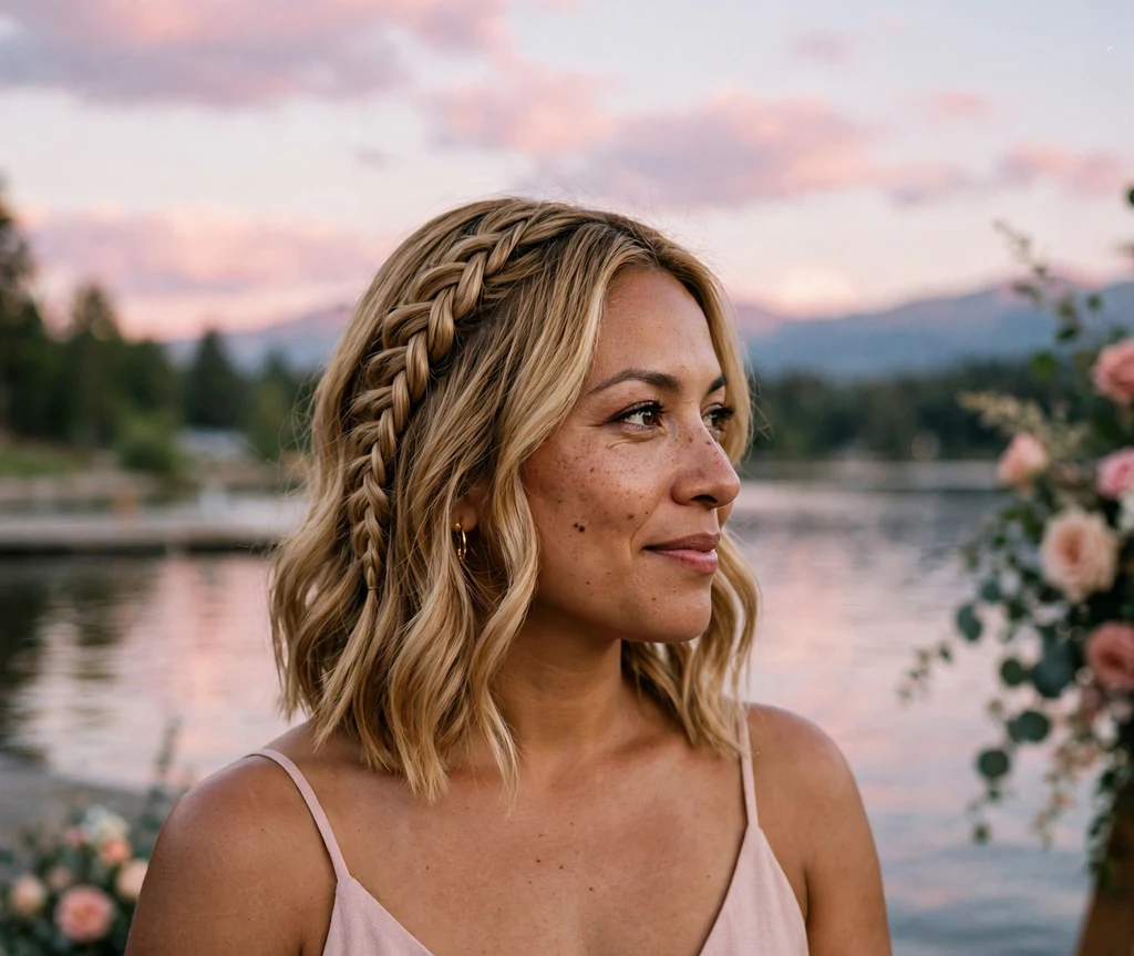 Bride with waterfall braid across honey blonde lob in blush dress at lakeside dusk wedding