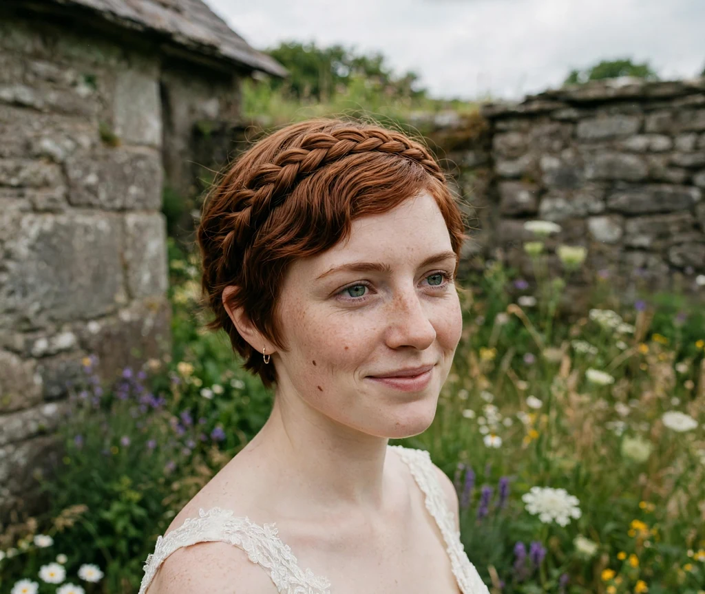 Bride with halo braid crown on short auburn hair in ivory dress at countryside chapel wedding