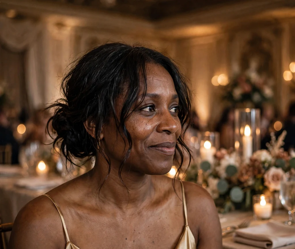 Bride with messy romantic low faux bun and face-framing tendrils in gold dress at ballroom reception