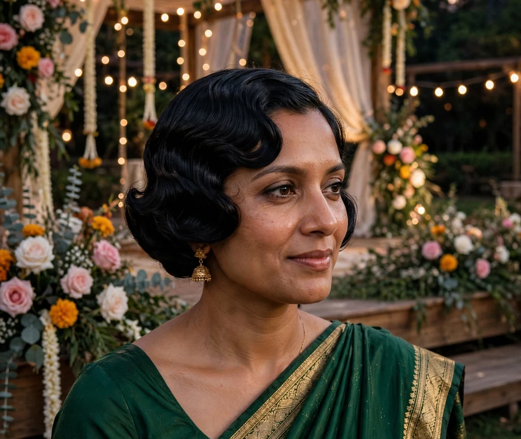 Bride with glamorous deep side part and finger waves on black bob in emerald sari at evening wedding