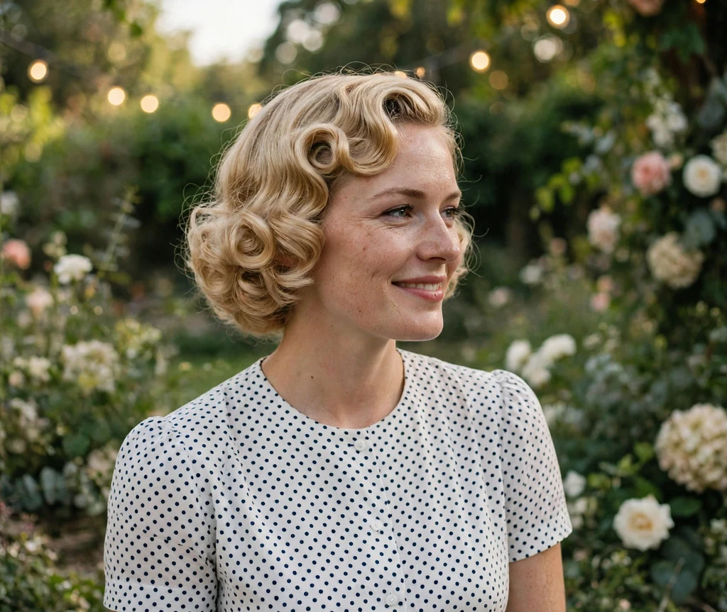 Bride with soft pin curls on vintage blonde bob in polka dot tea-length dress at garden party wedding