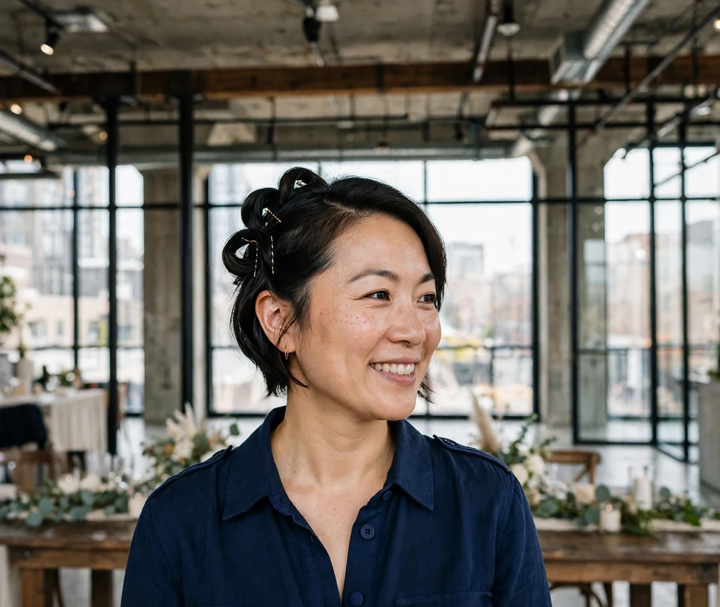 Bride with French twist illusion pinned updo from short dark bob in navy jumpsuit at modern loft wedding