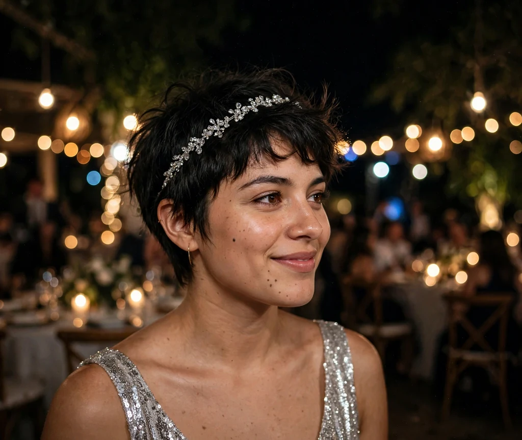 Bride with tousled dark pixie and sparkling crystal headpiece in silver sequin dress at night reception