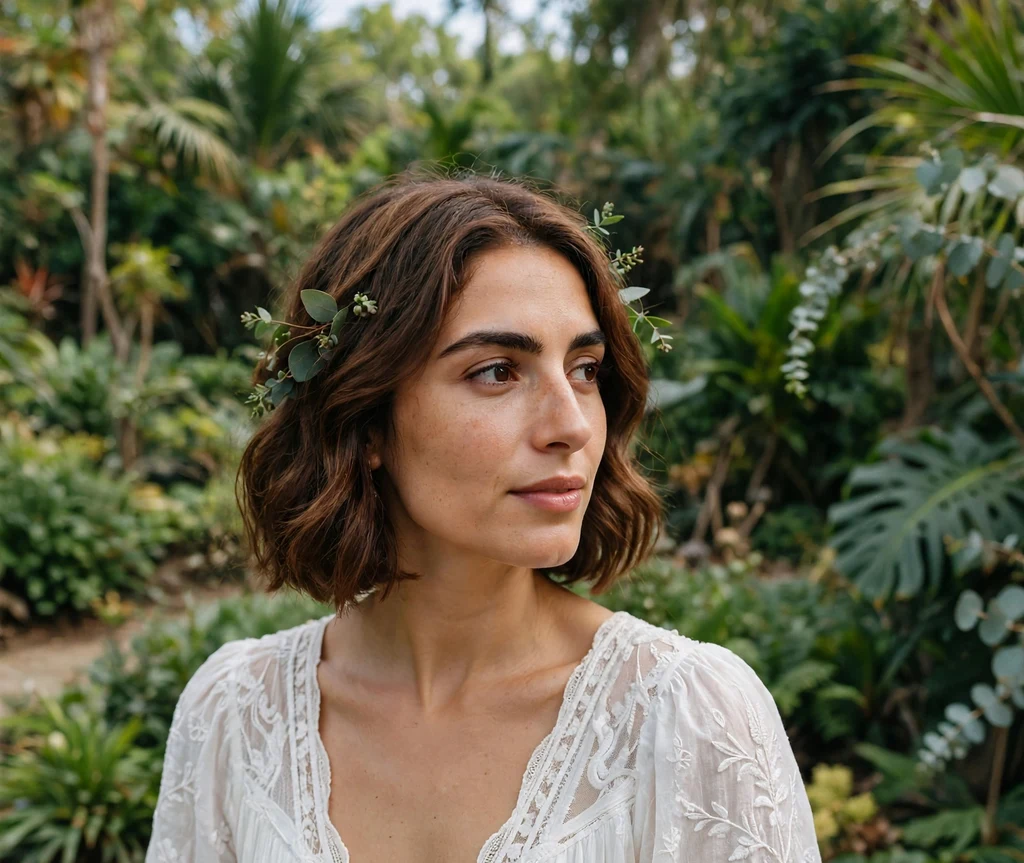 Bride with garden loose waves on chestnut bob with eucalyptus sprigs in white boho dress at botanical garden wedding