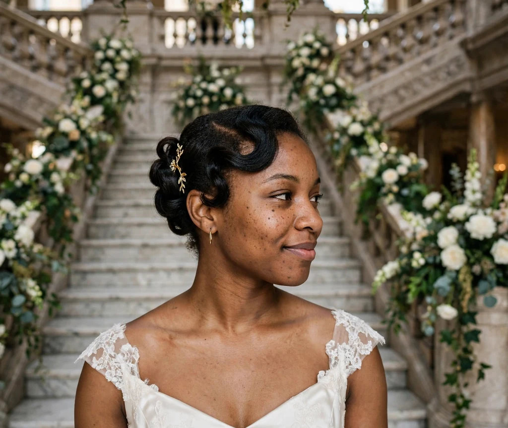 Bride with elegant side-swept chignon illusion and gold hair cuff in ivory gown at grand staircase wedding