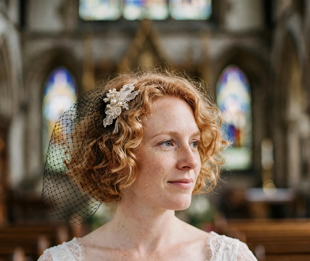 Bride with curly strawberry blonde bob and birdcage veil pinned to one side in vintage white gown at old church