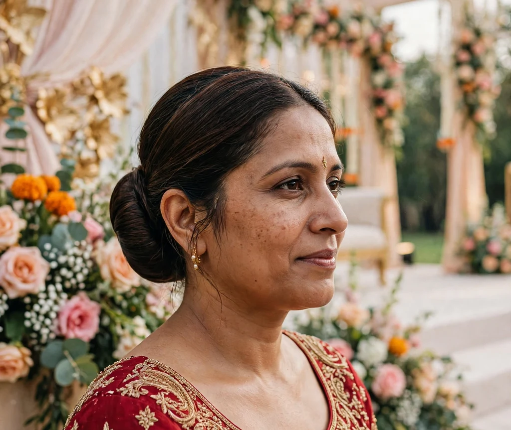 Bride with sleek low bun illusion and gold forehead jewel in red bridal outfit at wedding stage