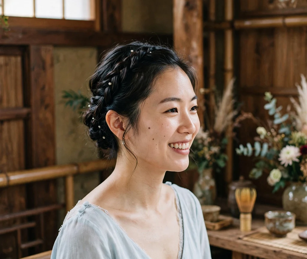 Bride with twisted rope-braid short updo and pearl pins in pale blue dress at tea ceremony wedding