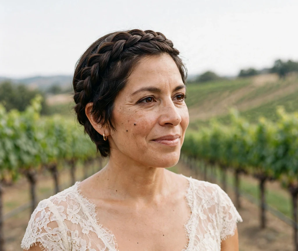 Bride with romantic milkmaid braids on dark brown short hair in cream lace dress at vineyard wedding