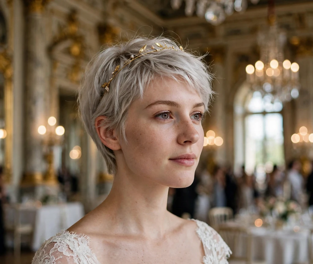 Bride with wispy silver blonde pixie and delicate gold tiara in white gown at palace ballroom wedding