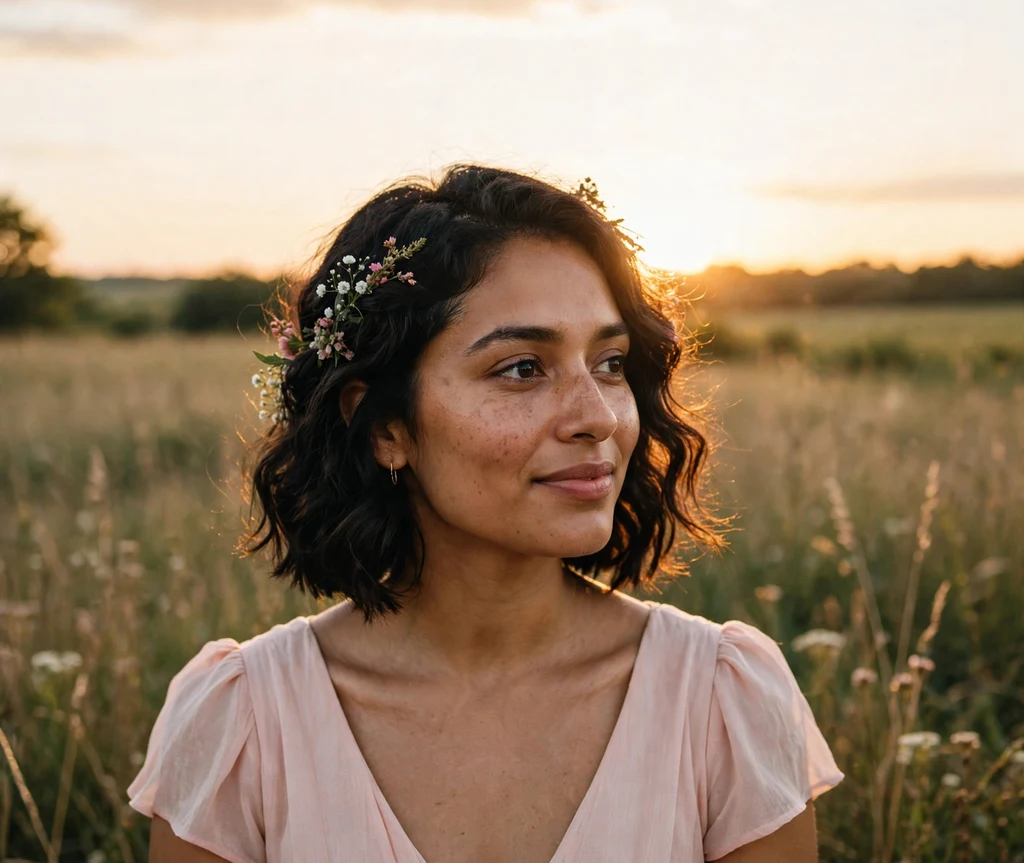 Bride with sunset golden-hour wavy dark lob and fresh small flowers in blush dress in open field at sunset