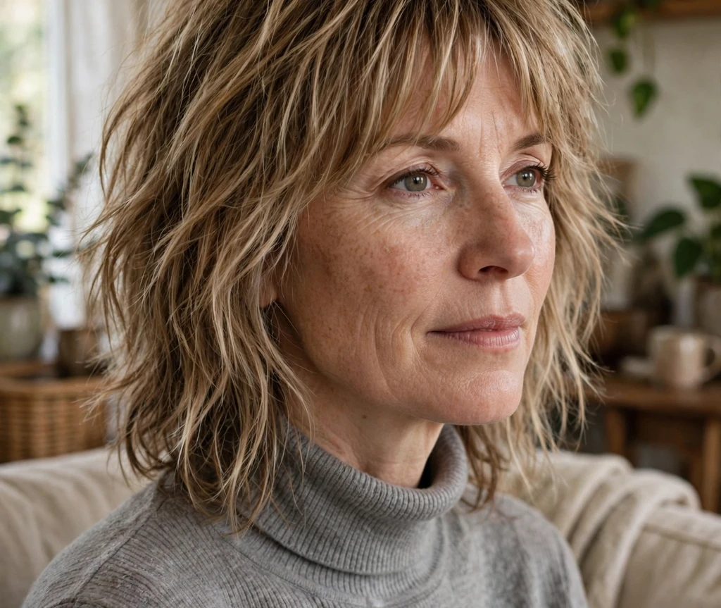 Woman in her late 50s with a soft layered blonde lob sitting in a cafe