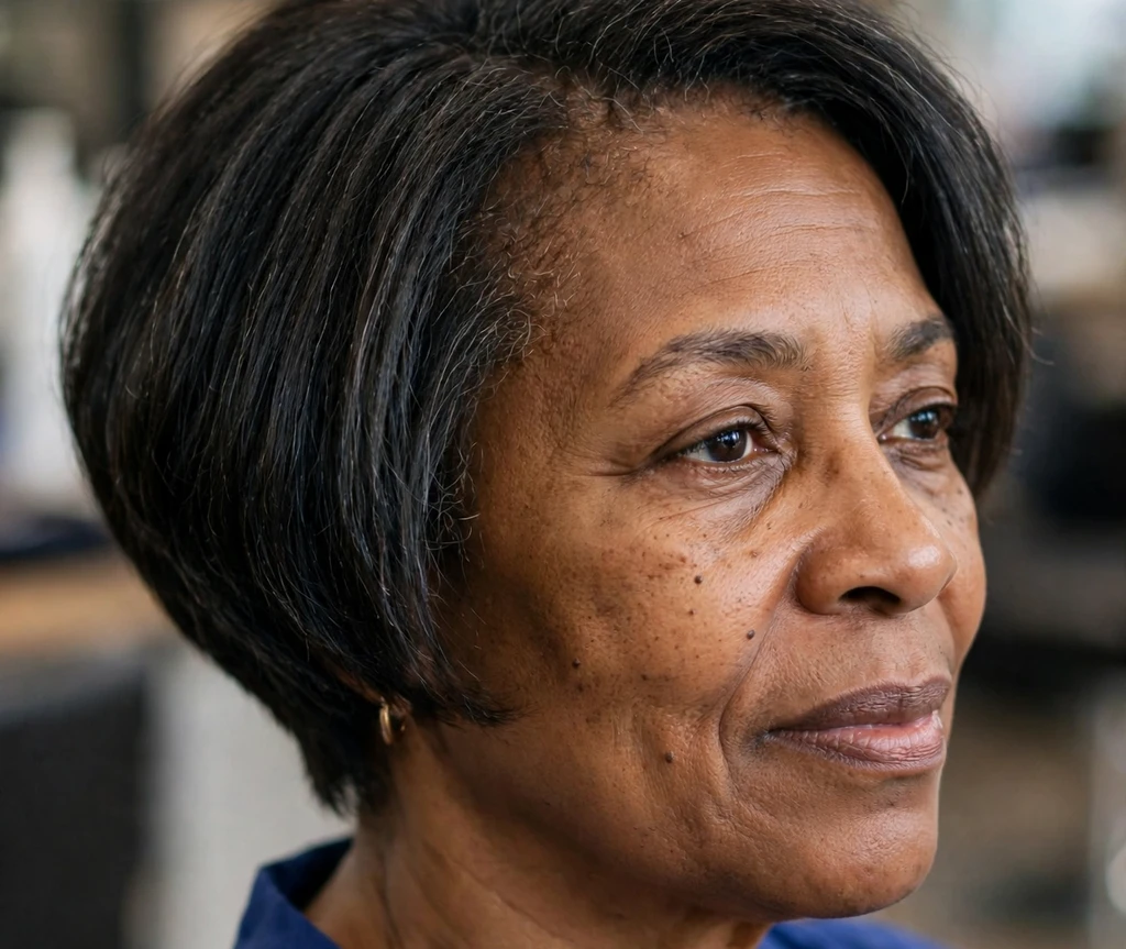 Black woman in her 50s with a blunt textured dark bob in a cafe