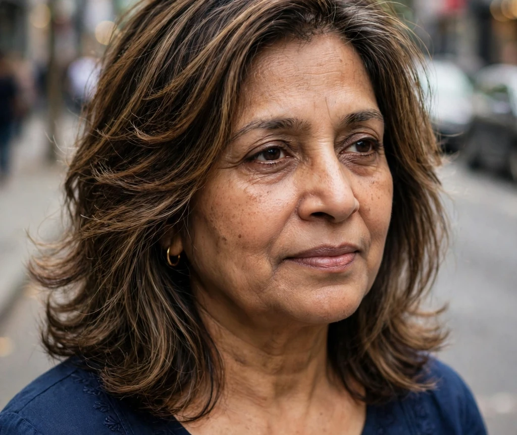 South Asian woman with layered shoulder-length hair with highlights on a city street