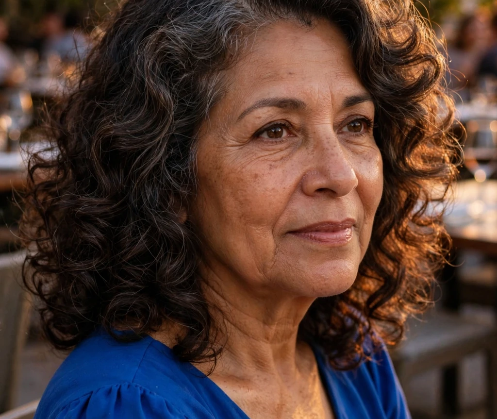 Latina woman with dark curly shoulder-length hair in a restaurant