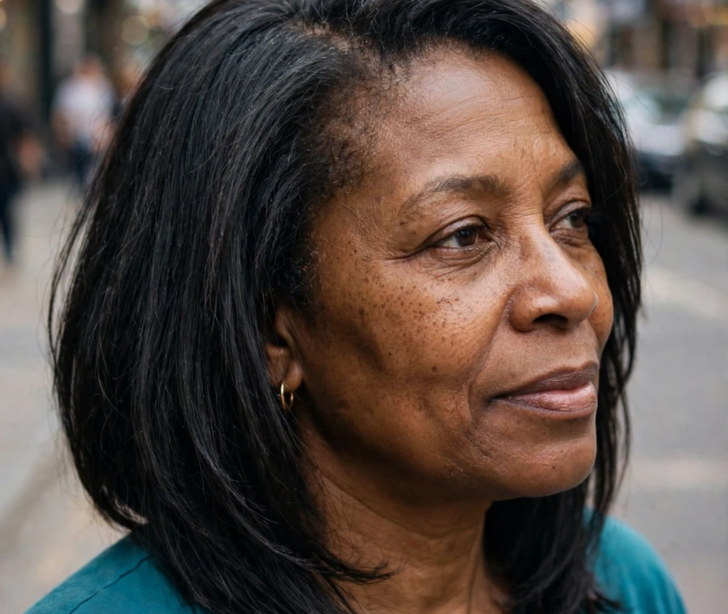Black woman with straight dark shoulder-length hair and teal top on a city street