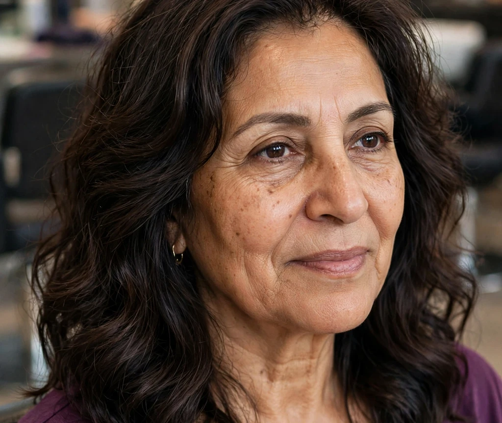 Latina woman with dark wavy shoulder-length hair at home