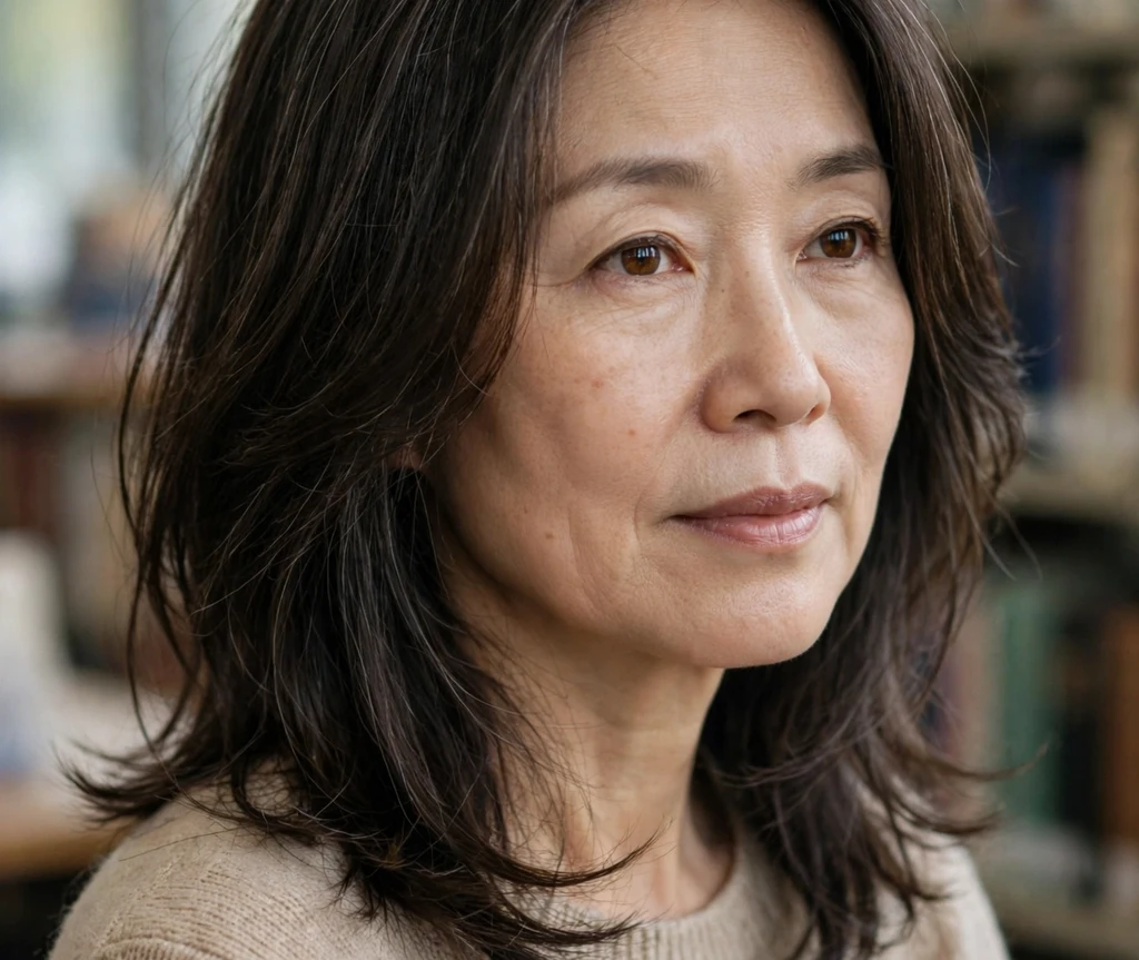 East Asian woman with dark shoulder-length curtain layers near a bookshelf
