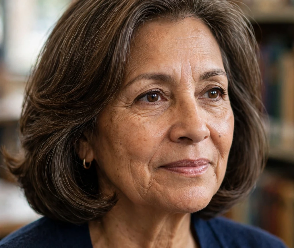 Latina woman with layered brown shoulder-length hair on a city street