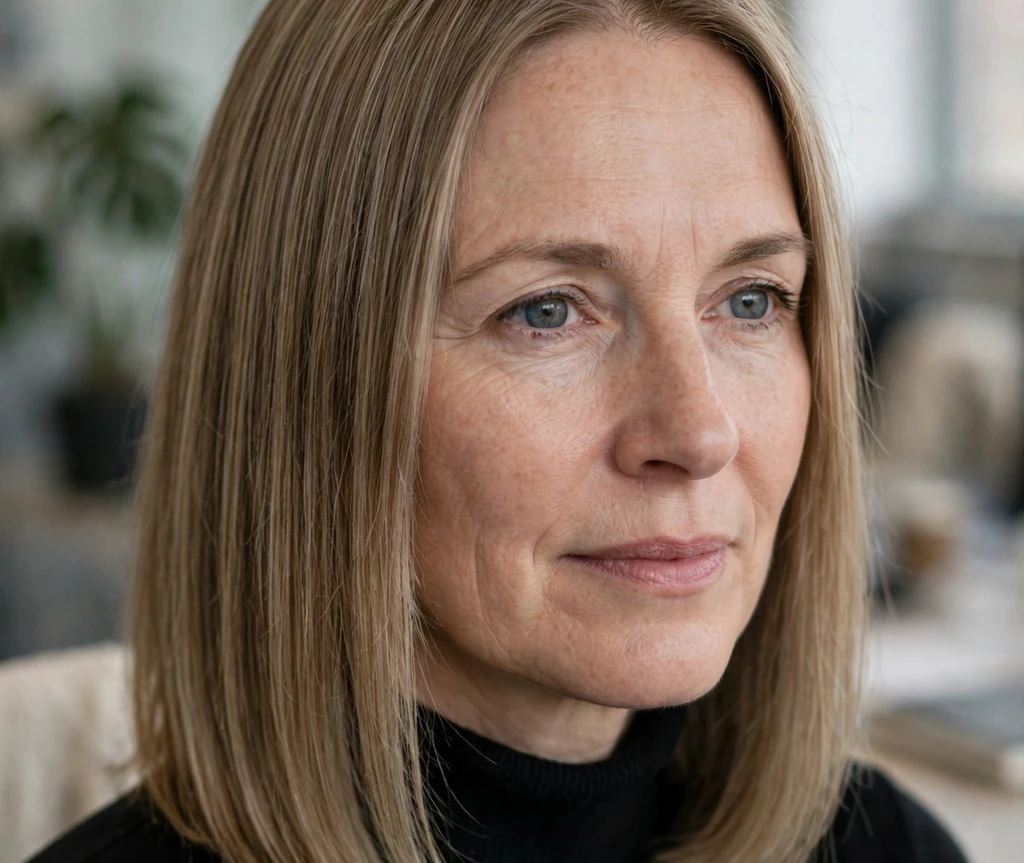 Woman in her early 50s with straight blonde shoulder-length hair in an office