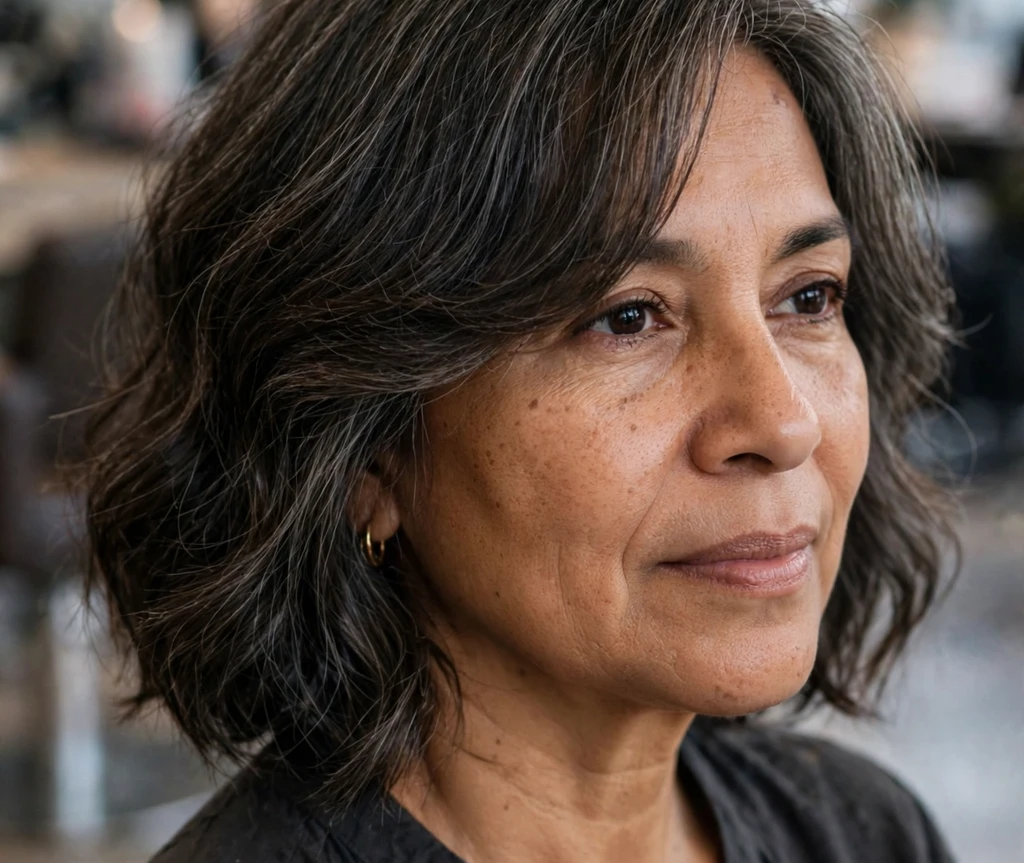 Middle Eastern woman with dark wavy shoulder-length hair at home